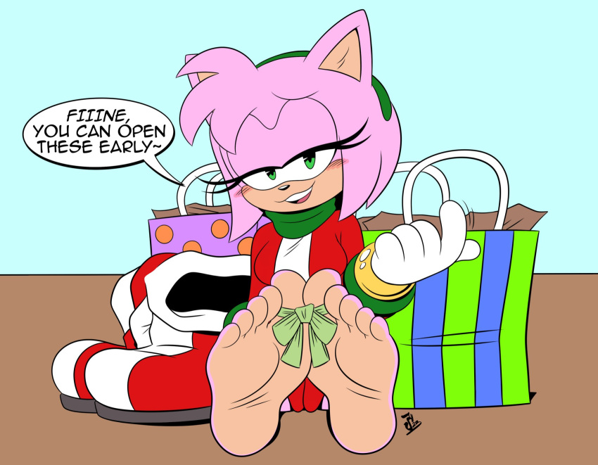 2023 5_toes amy_rose anthro beckoning blush christmas color_edit colored countershade_feet countershading edit eulipotyphlan feet female foot_fetish foot_focus fur gesture gift green_eyes hedgehog hi_res holidays humanoid_feet mammal pink_body pink_fur plantigrade seductive sega shelfi shoes_removed sitting sitting_on_ground soles solo sonic_the_hedgehog_(series) thefunnierbones toes toes_tied