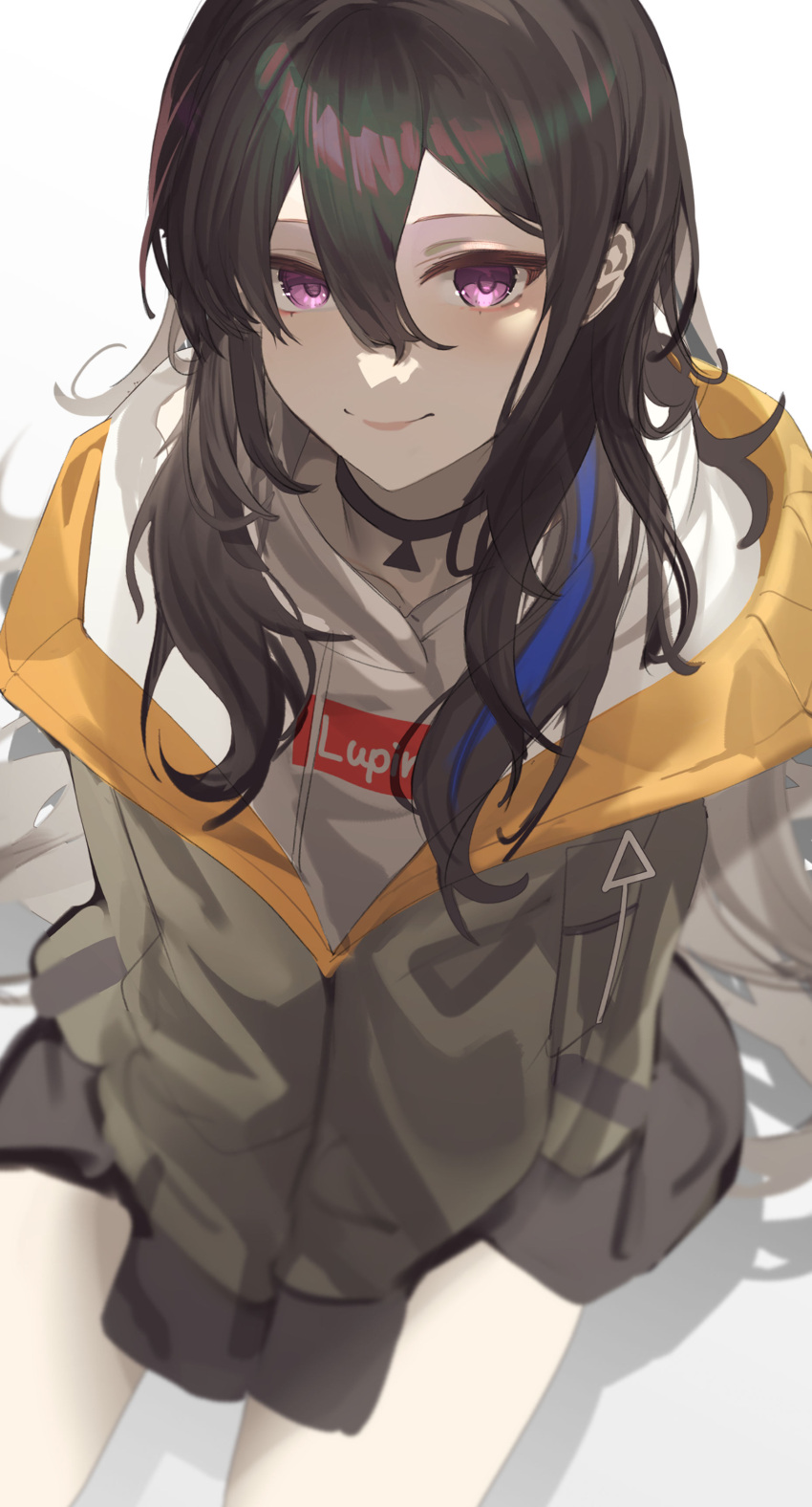 1girl absurdres arrow_print black_choker black_hair choker english_text grey_jacket hair_between_eyes hair_over_shoulder highres hisui_ill hood hoodie ichinose_uruha jacket lips long_hair looking_at_viewer lupinus_virtual_games open_clothes open_jacket purple_eyes sidelocks simple_background sitting sleeves_past_fingers sleeves_past_wrists smile solo virtual_youtuber vspo! white_background white_hoodie