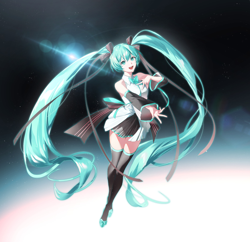 1girl :d absurdres bangs black_skirt black_sleeves black_thighhighs blue_footwear blue_hair bow collared_shirt detached_sleeves dress_shirt floating_hair full_body green_eyes hair_between_eyes hair_bow hatsune_miku high_heels highres long_hair long_sleeves miniskirt multicolored_sleeves nyamnyam0502 open_mouth outstretched_arm pleated_skirt pumps shirt skirt sleeveless sleeveless_shirt smile solo striped striped_bow thighhighs twintails very_long_hair vocaloid white_shirt white_sleeves wing_collar zettai_ryouiki