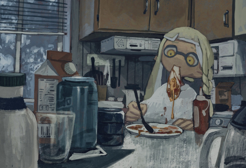 1girl asymmetrical_hair bangs blunt_bangs braid can domino_mask dr_mice faux_traditional_media food food_in_mouth glass highres inkling inkling_girl kitchen long_hair mask messy_room milk_carton mouth_hold pancake plate shelf side_braid sketch soda_can solo splatoon_(series) splatoon_3 stove striped_wall suction_cups tentacle_hair