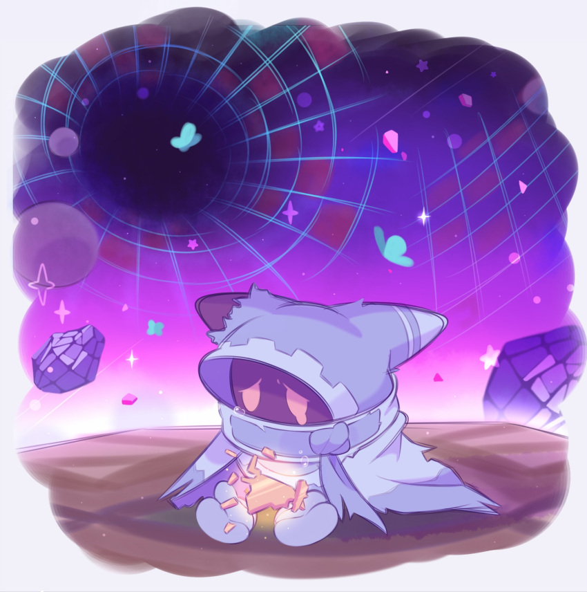 bug butterfly cloak debris disembodied_limb fafameow highres kirby's_return_to_dream_land kirby_(series) magolor no_humans portal_(object) sad solid_oval_eyes solo sparkle star_(symbol) tears torn_cloak torn_clothes