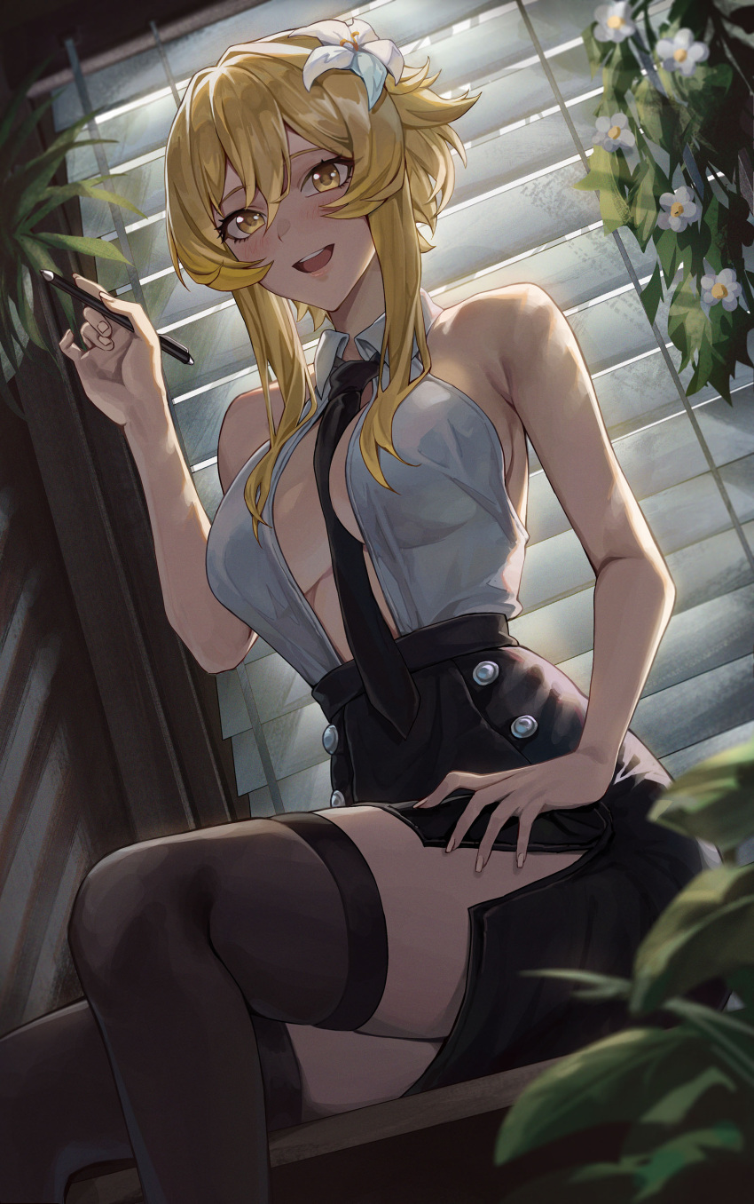 1girl :d absurdres armpit_crease bare_arms bare_shoulders between_breasts black_necktie black_skirt black_thighhighs blinds blonde_hair breasts buttons cleavage collared_shirt commentary cozyu dutch_angle flower genshin_impact hair_flower hair_ornament hand_up high-waist_skirt highres holding holding_pen indoors large_breasts leaf lily_(flower) lumine_(genshin_impact) medium_breasts necktie necktie_between_breasts no_bra office_lady open_clothes open_mouth open_shirt pen plant revision shirt side_slit sitting skirt sleeveless sleeveless_shirt smile solo thighhighs thighs white_flower white_shirt yellow_eyes
