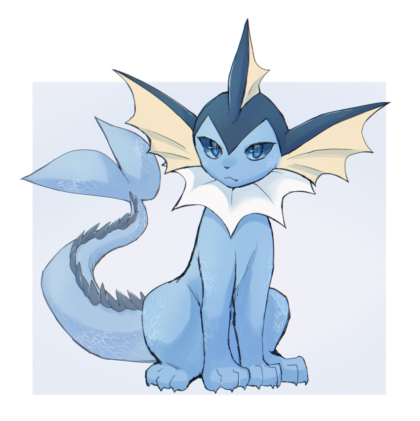 2022 3_toes ambiguous_gender black_pupils blue_body blue_claws blue_eyes blue_scales blue_sclera blue_tail claws colored digital_media_(artwork) dorsal_ridge ear_fins eeveelution feet feral fin frill_(anatomy) front_view full-length_portrait generation_1_pokemon head_fin hi_res kemono looking_at_viewer mammal marine membrane_(anatomy) membranous_frill monotone_body monotone_scales monotone_tail neck_frill nintendo pokemon pokemon_(species) portrait pupils quadruped scales shaded simple_background sitting slit_pupils solo squash_(artist) tail tail_fin toe_claws toes vaporeon