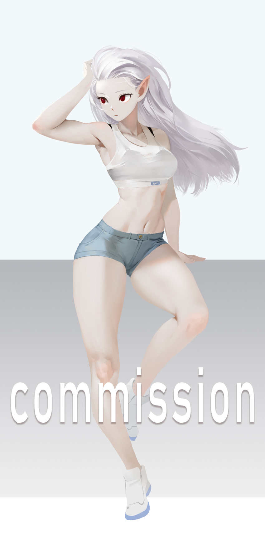 1girl absurdres arm_up armpits bare_arms bare_legs bare_shoulders black_bra blue_shorts bra bra_visible_through_clothes breasts collarbone commission crop_top denim denim_shorts dungeon_and_fighter elf full_body hair_slicked_back highres long_hair looking_away medium_breasts midfinger midriff navel parted_lips pointy_ears red_eyes see-through shirt shoes short_shorts shorts sleeveless sleeveless_shirt solo stomach thighs underwear white_footwear white_hair white_shirt