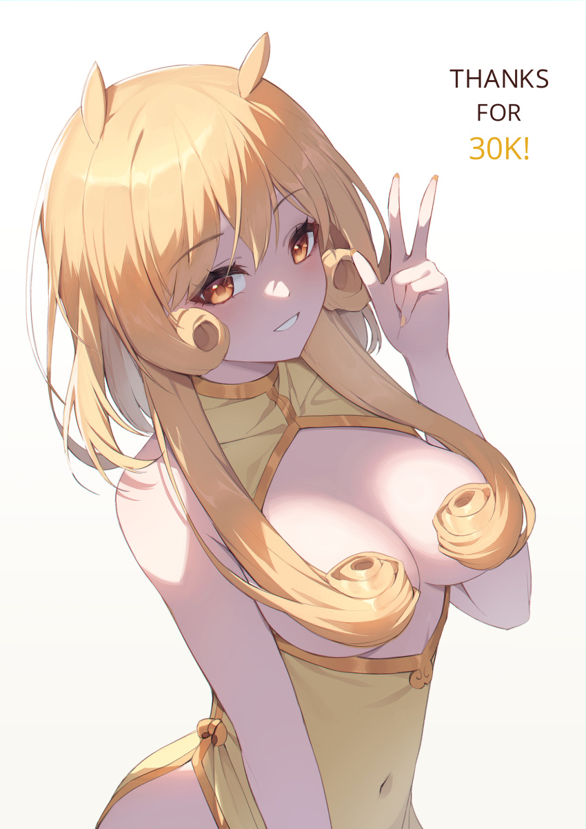 1girl absurdres bare_arms bare_shoulders blonde_hair breasts china_dress chinese_clothes chung_(ugwa) cleavage convenient_censoring covered_navel curly_hair dress framed_breasts gold_trim grin hair_censor hair_ears hand_up highres large_breasts long_hair looking_at_viewer milestone_celebration no_bra orange_eyes original pelvic_curtain sleeveless sleeveless_dress smile solo ugwa v yellow_dress