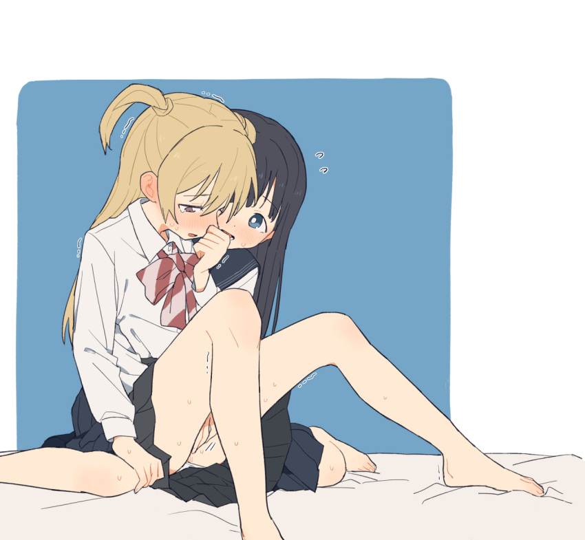 2girls akebi-chan_no_serafuku akebi_komichi black_hair blonde_hair blue_eyes blush brown_eyes coldcat. ear_blush fingering highres kizaki_erika long_hair lower_teeth_only multiple_girls parted_lips sweat teeth tongue trembling yuri