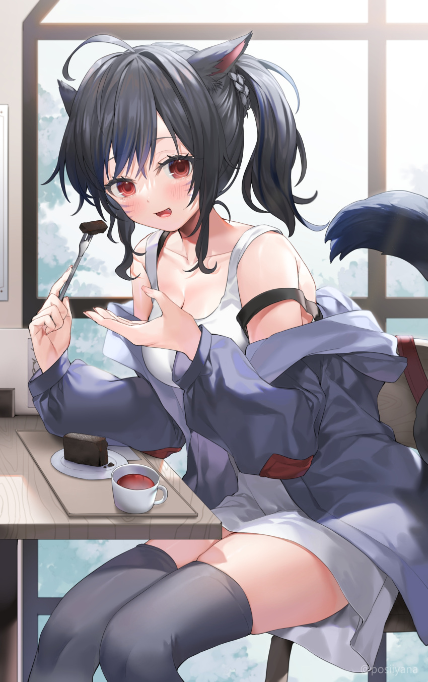 1girl absurdres animal_ears bangs bare_shoulders black_hair black_jacket black_thighhighs blush breasts cleavage collarbone commentary_request cup final_fantasy final_fantasy_xiv food fork highres holding holding_fork jacket large_breasts long_sleeves looking_at_viewer medium_hair miqo'te off_shoulder open_mouth ponytail red_eyes sitting smile solo tail thighhighs thighs yana_mori