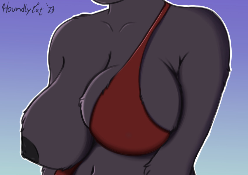 absurd_res big_breasts breasts clothed clothing dark_body dark_fur exposed_breasts felid female fur hi_res houndlycat jenna_(houndlycat) mammal nipple_slip one_breast_out pantherine partially_clothed simple_background solo swimwear wardrobe_malfunction