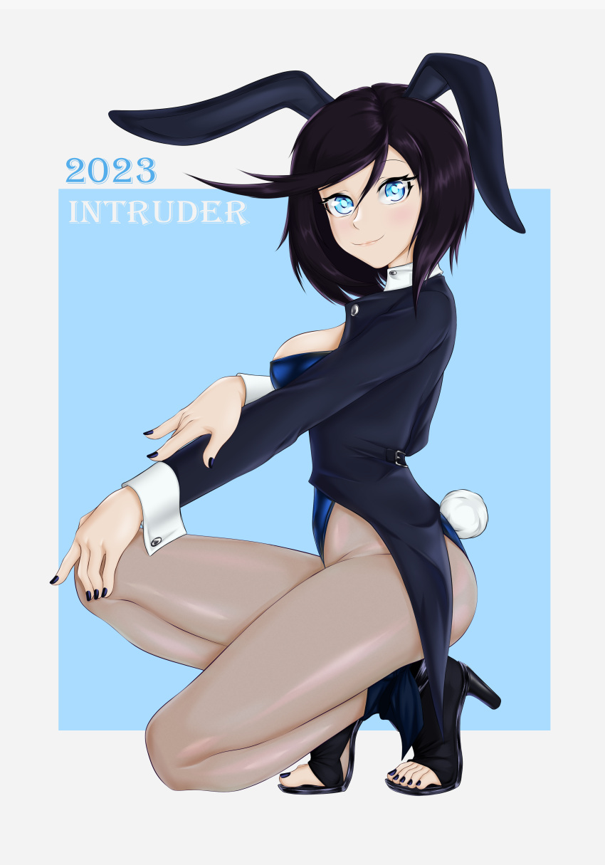 2023 absurdres animal_ears badsharku black_hair black_nails blue_eyes blue_leotard breasts character_name from_side girls'_frontline highres intruder_(girls'_frontline) leotard looking_at_viewer medium_breasts nail_polish playboy_bunny rabbit_ears rabbit_tail sangvis_ferri short_hair simple_background smile squatting tail toes white_background