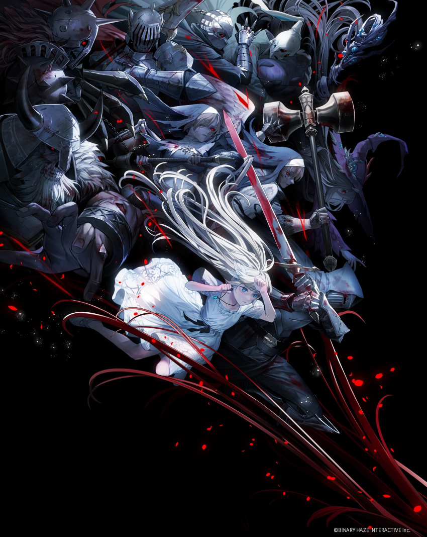 4girls 6+boys armor artist_request ball_and_chain_(weapon) belt black_background blood blood_on_weapon blue_eyes cloak colored_skin dark_witch_eleine ender_lilies_quietus_of_the_knights facial_hair faden_the_heretic fake_horns feathered_wings full_armor full_body gerrod_the_elder_warrior grey_hair grey_skin guardian_siegrid guardian_silva habit hat helmet highres hoenir_keeper_of_the_abyss holding holding_staff holding_sword holding_weapon hood hooded_cloak horned_headwear horned_helmet horns jewelry knife knight knight_captain_julius lily_(ender_lilies) long_hair multiple_boys multiple_girls necklace nun official_art plate_armor red_eyes red_hair skeletal_wings spiked_pauldrons staff sword teeth tendril throwing_knife ulv_the_mad_knight umbral_knight_(ender_lilies) undead war_hammer weapon white_hair wings witch witch_hat