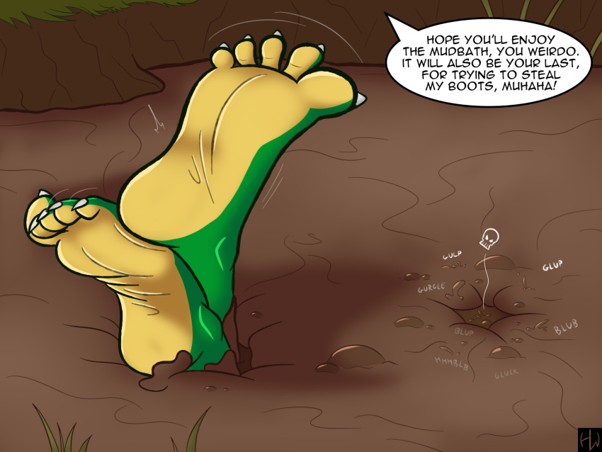2022 5_toes anthro asphyxiation barefoot bubble claws crocodilian dialogue feet foot_fetish foot_focus grass green_body hardcorewolfdog hi_res humanoid_feet male mud nomadl3 plant plantigrade reptile scalie sebastian_(nomadl3) sinking soles solo story story_in_description toe_claws toe_curl toes