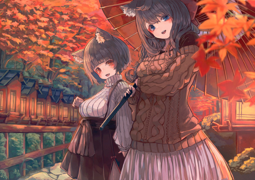 2girls :d absurdres alternate_costume animal_ear_fluff animal_ears aran_sweater architecture autumn autumn_leaves azur_lane bangs black_hair blue_eyes blunt_bangs blush breasts cable_knit cat_ears cobblestone commentary_request day east_asian_architecture eyeshadow falling_leaves fang forest fusou_(azur_lane) hakama hakama_short_skirt hakama_skirt high-waist_skirt highres japanese_clothes large_breasts leaf long_hair looking_at_viewer makeup multiple_girls nature nyucha oil-paper_umbrella open_mouth outdoors path red_eyes revision ribbed_sweater short_hair skirt smile standing straight_hair sweater tree turtleneck turtleneck_sweater umbrella wavy_hair yamashiro_(azur_lane)