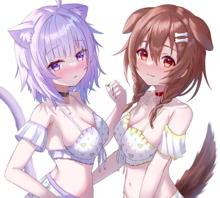 2girls :3 absurdres ahoge animal_collar animal_ear_fluff animal_ears bangs bare_shoulders bikini black_collar blunt_bangs blush bone_hair_ornament braid breasts brown_eyes brown_hair cartoon_bone cat_ears cat_girl cat_tail cleavage closed_mouth collar collarbone dog_ears dog_girl dog_tail extra_ears hair_between_eyes hair_ornament halterneck hand_up heart heart_print highres hololive inugami_korone large_breasts long_hair looking_at_viewer low_twin_braids medium_hair multiple_girls navel nekomata_okayu open_mouth print_bikini purple_eyes purple_hair purple_nails red_collar sidelocks simple_background smile sparkle_print star_tattoo stomach swimsuit tail tattoo thorny triangle_print twin_braids upper_body virtual_youtuber white_background white_bikini