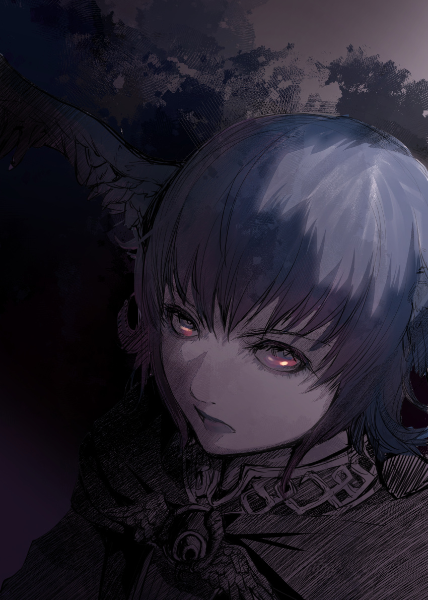 1girl absurdres bangs black_cloak blue_hair cloak dark_background eyelashes final_fantasy final_fantasy_xiv head_wings highres light limited_palette meteion nasuo224 purple_background serious short_hair simple_background solo upper_body