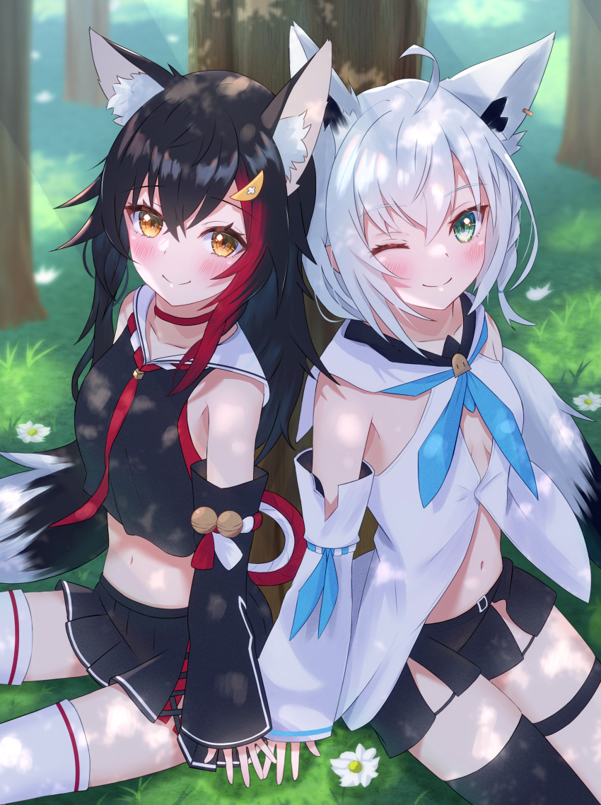 2girls absurdres ahoge animal_ear_fluff animal_ears bangs bell black_hair black_serafuku black_shirt black_shorts black_skirt black_sleeves black_thighhighs blue_neckerchief blush choker closed_mouth commentary_request crop_top crop_top_overhang cropped_shirt crossed_bangs dappled_sunlight detached_sleeves ear_piercing extra_ears food-themed_hair_ornament fox_ears fox_girl fox_tail front_slit green_eyes hair_between_eyes hair_ornament highres hololive jingle_bell kouhaku_nawa lemon_hair_ornament long_hair long_sleeves looking_at_viewer miniskirt multicolored_hair multiple_girls navel neckerchief necktie one_eye_closed ookami_mio outdoors piercing pleated_skirt red_choker red_hair red_necktie rope sailor_collar school_uniform serafuku shimenawa shirakami_fubuki shirt short_hair short_shorts shorts sidelocks single_thighhigh sitting skirt sleeveless sleeveless_shirt sleeves_past_wrists smile stomach streaked_hair sunlight tail thigh_strap thighhighs thorny tree virtual_youtuber white_hair white_sailor_collar white_sleeves white_thighhighs wolf_ears wolf_girl wolf_tail yellow_eyes