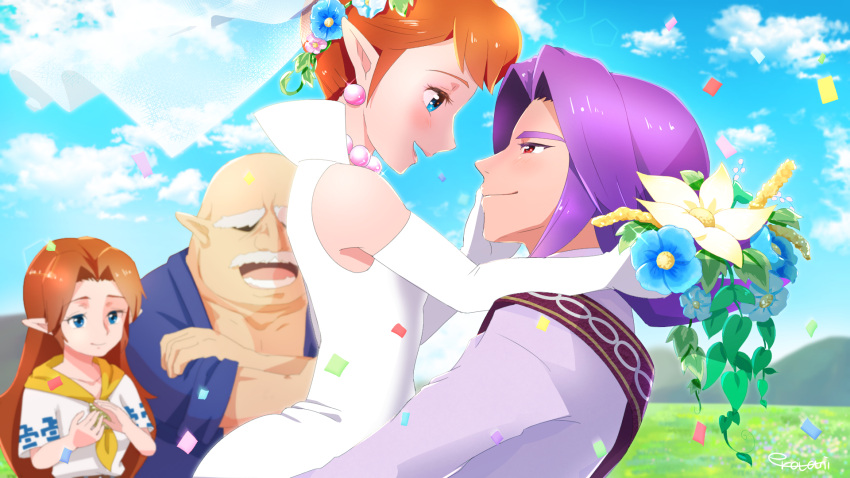 2boys 2girls :d anju bald blue_eyes blue_sky bouquet brown_hair cloud confetti cremia crossed_arms dress earrings elbow_gloves erotani eye_contact gloves head_wreath hetero highres jewelry kafei link long_hair looking_at_another multiple_boys multiple_girls mutoh necklace pointy_ears purple_hair red_eyes sky sleeveless sleeveless_dress smile the_legend_of_zelda the_legend_of_zelda:_majora's_mask thick_eyebrows upper_body veil wedding wedding_dress white_dress