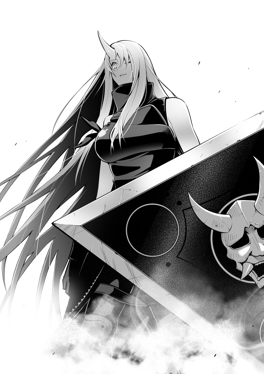 1girl absurdres arknights bare_shoulders breasts greyscale hair_over_one_eye highres horns hoshiguma_(arknights) knee_pads large_breasts long_hair monochrome one_eye_closed parted_lips shirt simple_background single_horn sleeveless sleeveless_shirt solo toxin000x turtleneck very_long_hair white_background
