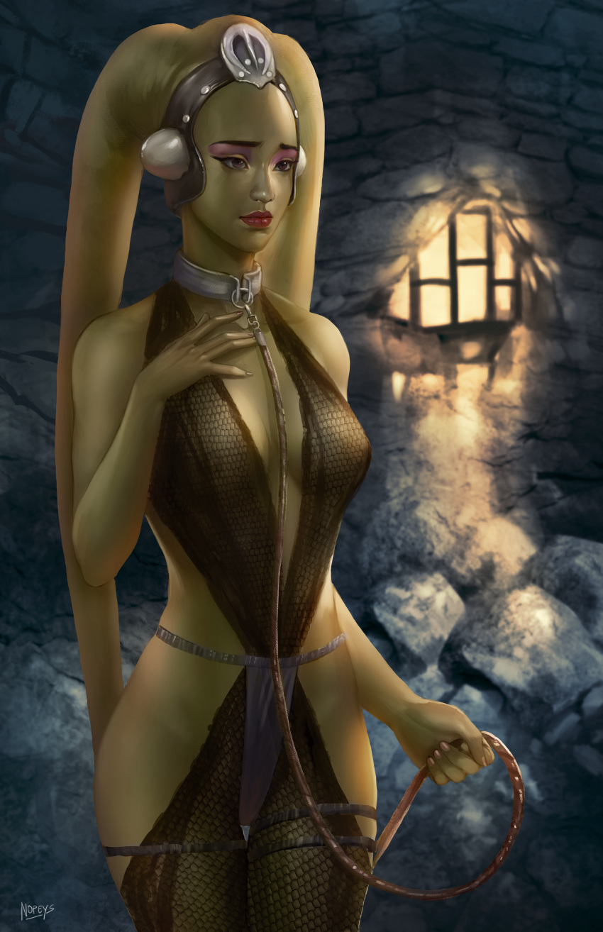 1girl absurdres alien bodysuit collar colored_skin fishnet_bodysuit fishnets green_skin highres indoors leash looking_at_viewer nopeys oola slave solo star_wars twi'lek