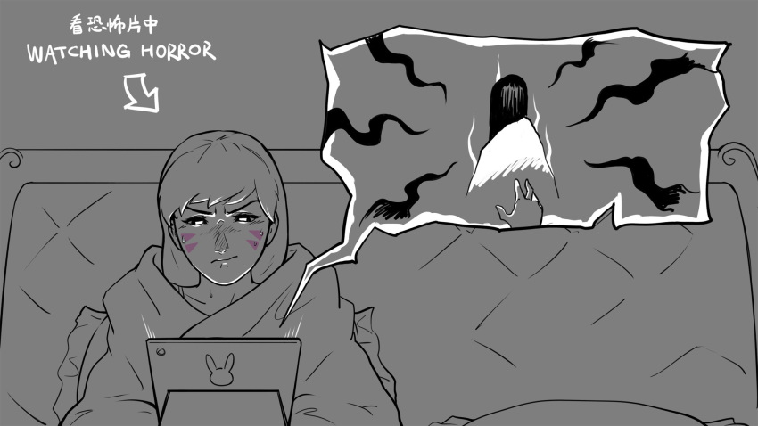 2girls bathrobe bed d.va_(overwatch) english_text facial_mark ghost highres ipad language_request long_hair mixed-language_text multiple_girls overwatch overwatch_2 pillow tablet_pc teecee_zhang watching whisker_markings