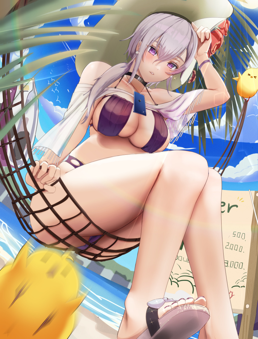 1girl absurdres azur_lane bag beach bikini bird black_choker blurry blurry_foreground breasts cafenami choker cross-laced_bikini cross-laced_clothes day dutch_angle earrings flower foot_out_of_frame from_below grey_hair hair_between_eyes hammock hat hat_flower highres jewelry large_breasts large_hat long_hair looking_at_viewer looking_down manjuu_(azur_lane) ocean official_alternate_costume outdoors palm_tree purple_bag purple_bikini purple_eyes red_flower reno_(azur_lane) reno_(summer_spin-off)_(azur_lane) revision sandals sitting solo swimsuit tree water