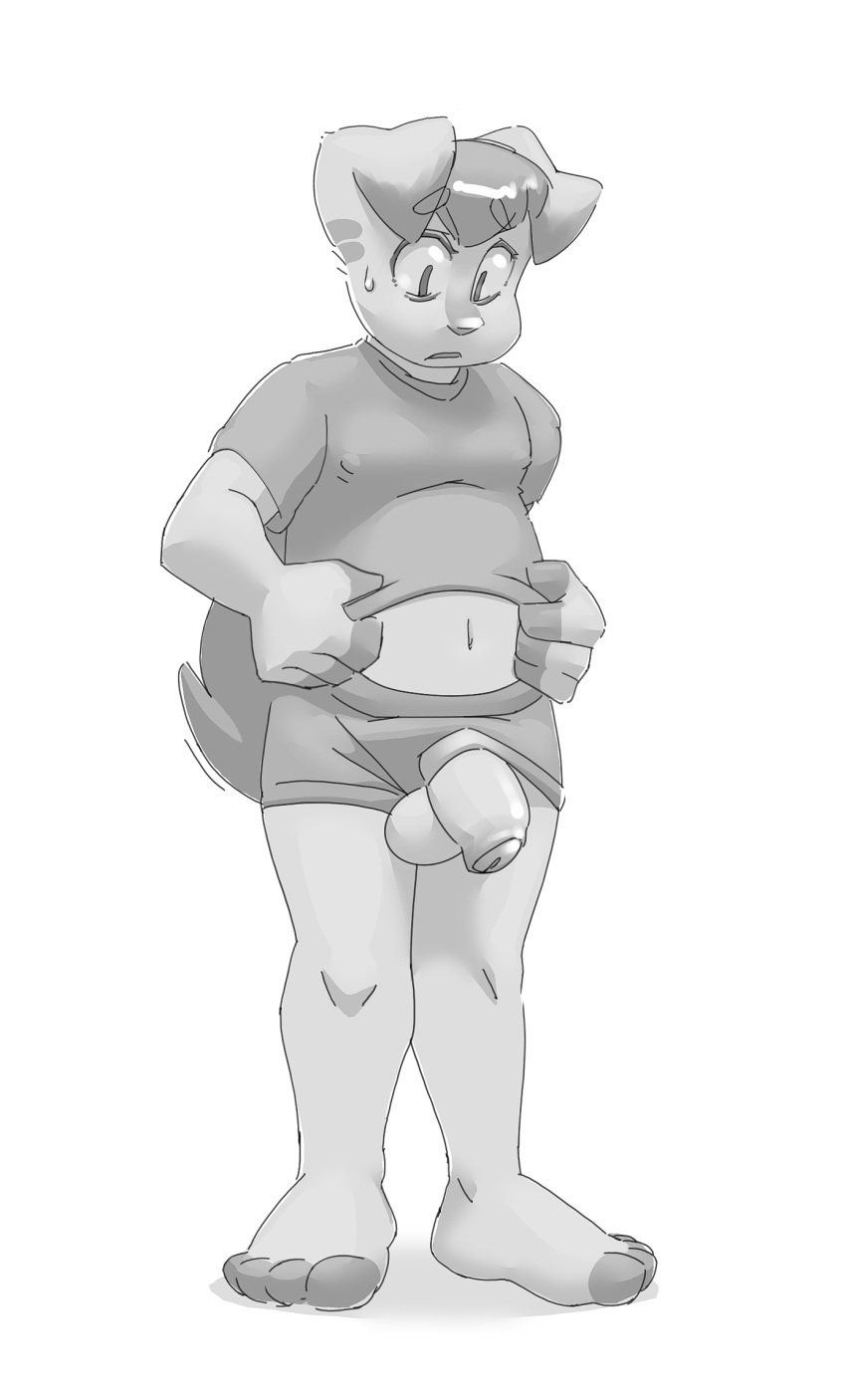 3_fingers anthro balls belly black_and_white bodily_fluids bottomwear canid canine chode clothing feet fingers flaccid foreskin genitals hi_res hotpants ickyfig male mammal monochrome pecs penis shocked shorts simple_background solo stocky sweat sweatdrop tail tight_clothing toes