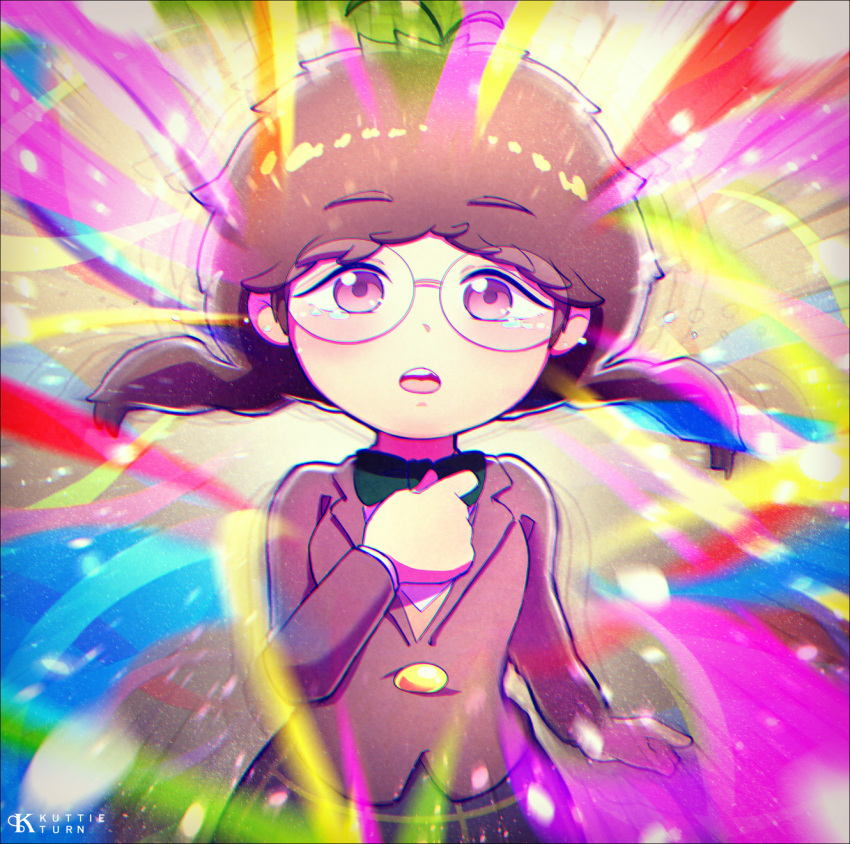 1girl :o antenna_hair blazer bow bowtie brown_eyes brown_hair buttons color_streak glasses green_bow green_bowtie grey_jacket hand_on_own_chest highres jacket low_twintails messy_hair motion_blur nozomi_takahashi osomatsu-san osomatsu-san_the_movie plaid plaid_skirt school_uniform skirt solo twintails user_yrnw5484