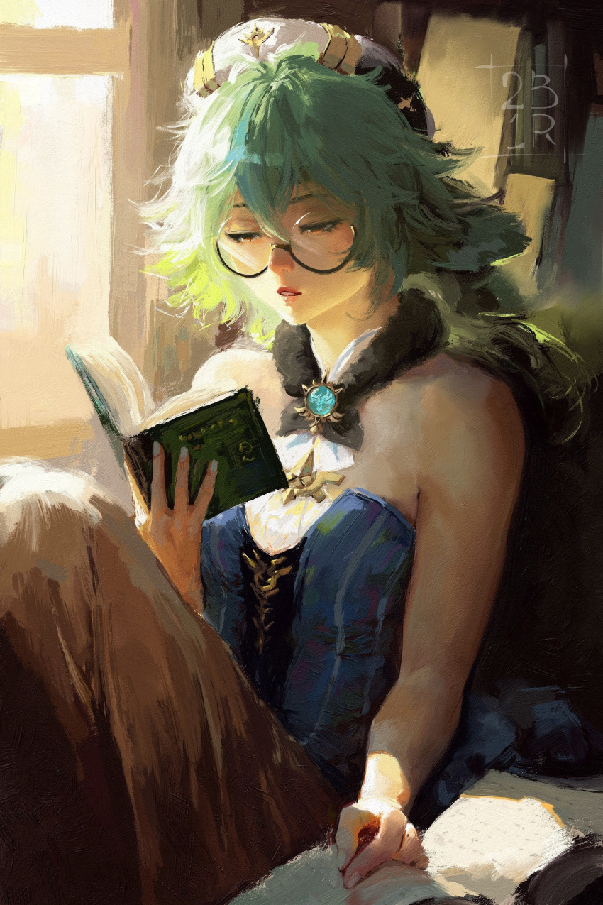 1girl absurdres artist_name bangs blue_dress book breasts dress faux_traditional_media genshin_impact glasses green_hair half-closed_eyes hat highres holding holding_book long_hair low_ponytail parted_lips ravine_bells reading round_eyewear sitting small_breasts solo sucrose_(genshin_impact) vision_(genshin_impact) white_headwear