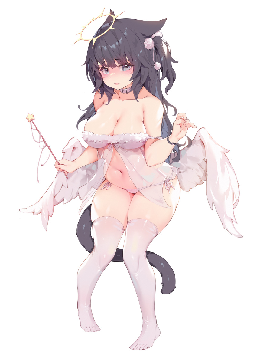 1girl absurdres angel_wings animal_ears avatar_(ff14) babydoll bangs black_hair black_wristband blush breasts cat_ears cat_girl cat_tail choker cleavage collarbone facial_mark fang feet final_fantasy final_fantasy_xiv full_body fur_trim grey_eyes hair_over_shoulder halo hand_up highres holding holding_wand large_breasts long_hair looking_at_viewer low_wings miqo'te navel no_shoes open_mouth original panties see-through side-tie_panties sidelocks simple_background skin_fang solo spaghetti_strap standing strap_slip tail thighhighs thighs toes underwear wand whisker_markings white_babydoll white_background white_choker white_panties white_thighhighs wings zhazhapao