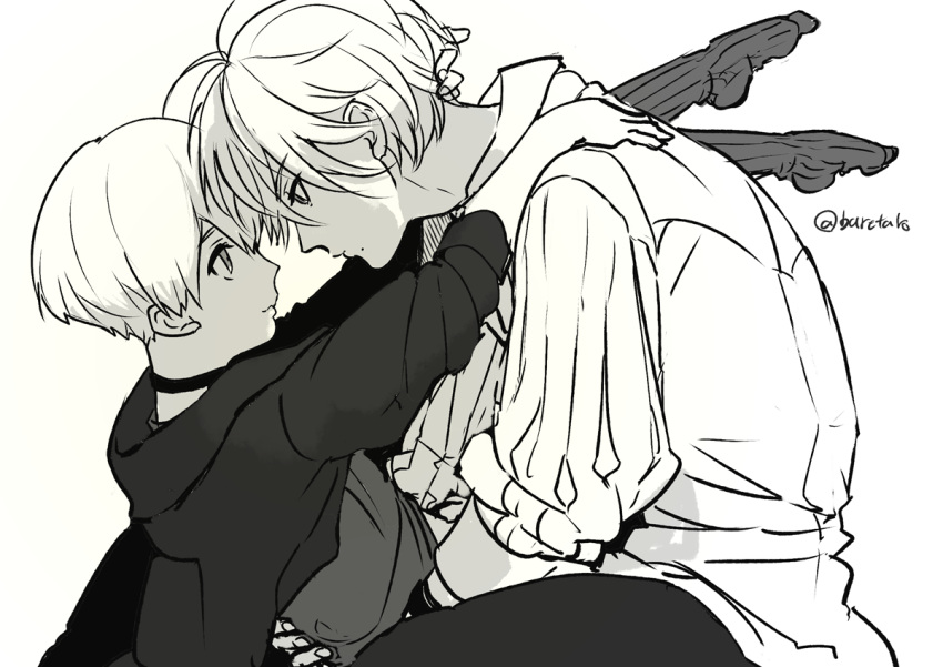 2boys android arms_around_neck arms_around_waist choker genderswap genderswap_(ftm) gloves greyscale hug jacket kneehighs looking_at_another mole monochrome multiple_boys nier:automata nier_(series) short_hair signature smile socks tarakoutibiru twitter_username white_background white_hair yaoi yorha_no._2_type_b yorha_no._9_type_s