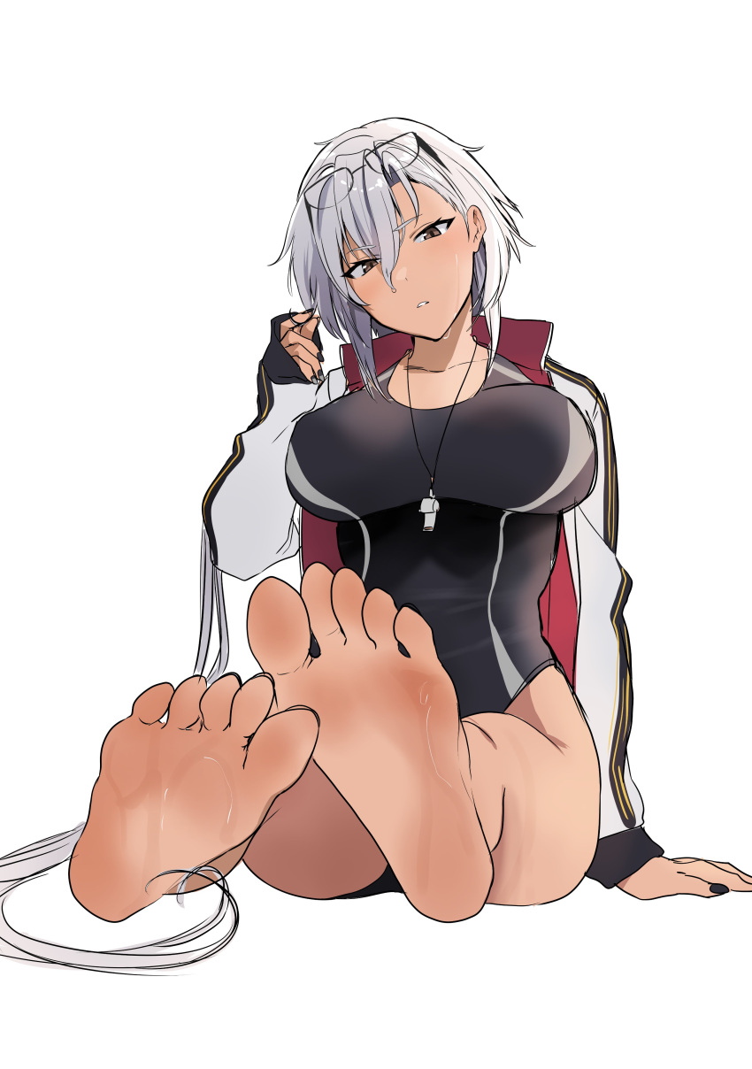 1girl absurdres bangs black_gloves black_nails blush breasts competition_swimsuit dark-skinned_female dark_skin eyewear_on_head feet foot_focus glasses gloves hair_between_eyes highres jacket kantai_collection large_breasts long_hair looking_at_viewer musashi_(kancolle) nail_polish no_eyewear one-piece_swimsuit open_clothes open_jacket partially_fingerless_gloves simple_background sitting sketch solo swimsuit thighs toes twintails unfinished whistle white_background white_hair yunamaro