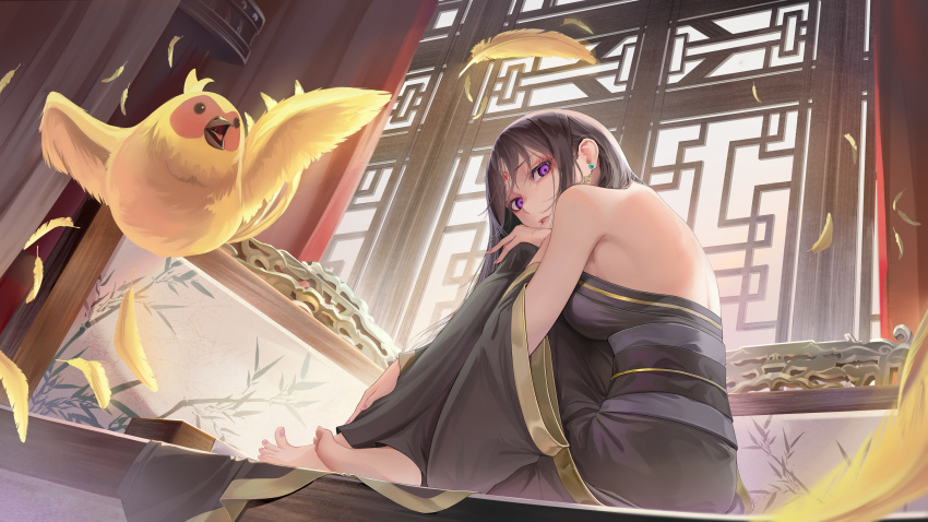 1girl absurdres backless_outfit barefoot black_hair chinese_clothes detached_sleeves earrings facial_mark feathers forehead_mark highres indoors jewelry jliaan koukyuu_no_karasu liu_shouxue long_hair looking_at_viewer purple_eyes solo xinxin_(koukyuu_no_karasu)