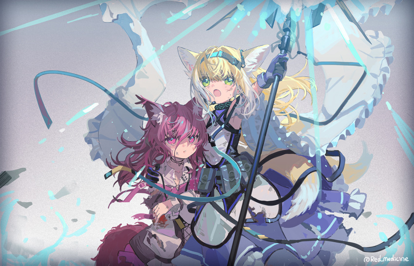 2girls :o animal_ear_fluff animal_ears arknights bangs black_gloves blonde_hair collarbone collared_shirt dress_shirt fox_ears fox_girl fox_tail gloves green_eyes hair_between_eyes holding holding_staff long_hair multicolored_hair multiple_girls open_mouth outstretched_arm pink_hair pleated_skirt purple_eyes purple_gloves purple_shirt purple_skirt red_(girllove) shamare_(arknights) shirt skirt staff suzuran_(arknights) tail twitter_username two-tone_hair white_hair white_shirt