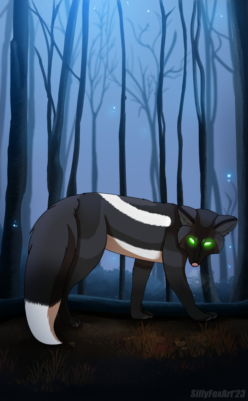 absurd_res canid canine female feral fox glowing glowing_eyes grass hi_res landscape mammal mylixe_(sillyfoxart) painting plant red_fox scary sillyfoxart silver_fox solo sparkles tree