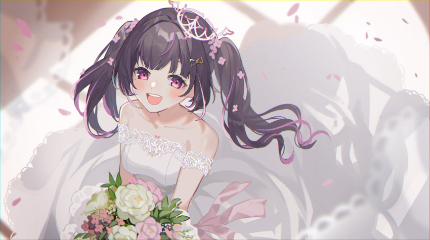 1girl :d bare_shoulders birthmark black_hair blush bouquet collarbone commission dress english_commentary falling_petals flower from_above hair_flower hair_ornament hairclip heart highres himemiya_rie holding holding_bouquet kino_(m6t2a) lace-trimmed_dress lace_trim looking_at_viewer multicolored_hair petals phase_connect pink_eyes pink_flower pink_hair rose shadow smile strapless strapless_dress streaked_hair teeth tiara twintails upper_teeth_only virtual_youtuber wedding_dress white_dress white_flower white_rose window_shade