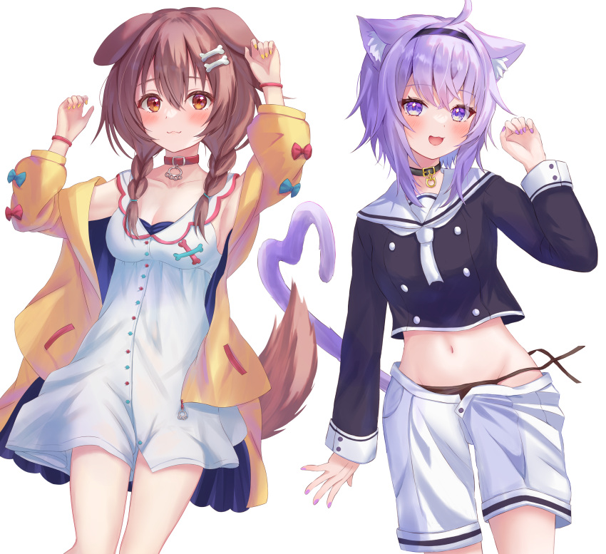 2girls :3 :d absurdres ahoge animal_collar animal_ear_fluff animal_ears bangs black_collar black_hairband black_panties black_shirt blush bone_hair_ornament bracelet braid brown_eyes brown_hair buttons cartoon_bone cat_ears cat_girl cat_tail closed_mouth clothes_pull collar cropped_shirt crossed_bangs dog_ears dog_girl dog_tail double-breasted dress hair_between_eyes hair_ornament hairband hand_up hands_up heart heart_tail highres hololive inugami_korone jacket jewelry long_hair long_sleeves looking_at_viewer low_twin_braids medium_hair multiple_girls navel neckerchief nekomata_okayu off_shoulder open_clothes open_jacket open_mouth panties purple_eyes purple_hair purple_nails red_collar sailor_collar sailor_shirt school_uniform serafuku shirt short_dress shorts shorts_pull sidelocks simple_background sleeveless sleeveless_dress smile stomach strap_slip tail thorny twin_braids underwear virtual_youtuber white_background white_dress white_neckerchief white_sailor_collar white_shorts yellow_jacket yellow_nails