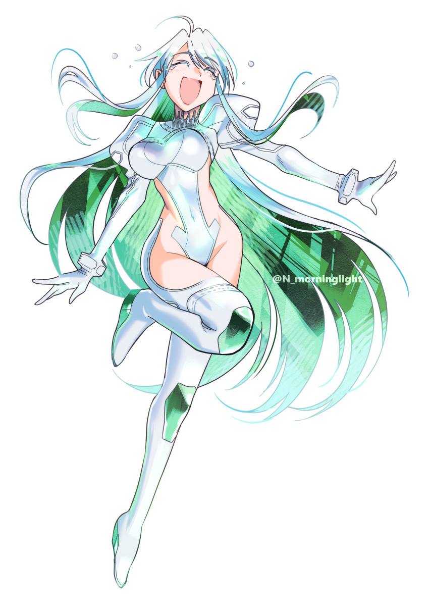 1girl absurdres ahoge asakou_(n_morninglight) boots colored_inner_hair covered_navel fate/grand_order fate_(series) green_hair grey_hair happy_tears highres juliet_sleeves kukulkan_(fate) long_hair long_sleeves multicolored_hair puffy_sleeves sideless_outfit smile tears thigh_boots twitter_username very_long_hair white_background