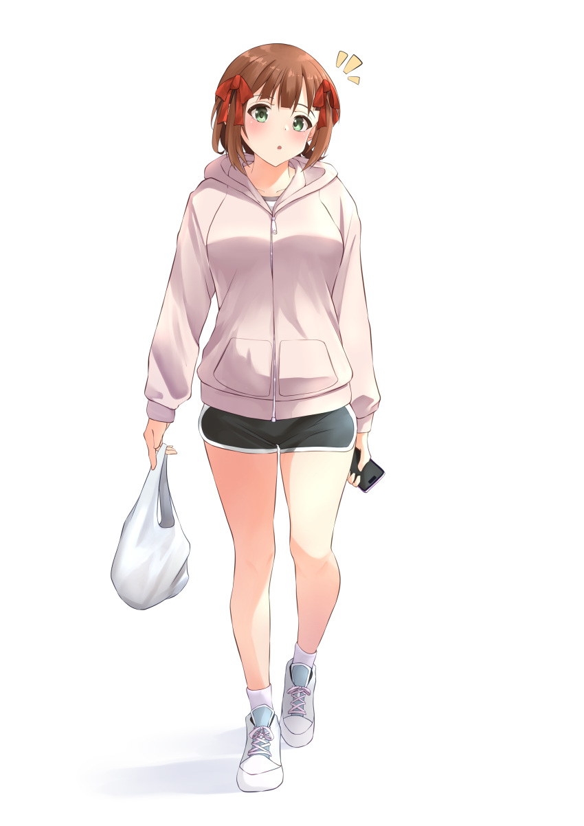 1girl :o absurdres amami_haruka b1ack_illust bag bare_legs black_shorts blush breasts brown_hair cellphone collarbone dolphin_shorts full_body hair_ribbon highres holding holding_bag holding_phone hood hoodie idolmaster idolmaster_(classic) idolmaster_million_live! large_breasts looking_at_viewer phone plastic_bag red_ribbon ribbon short_shorts shorts simple_background solo white_background