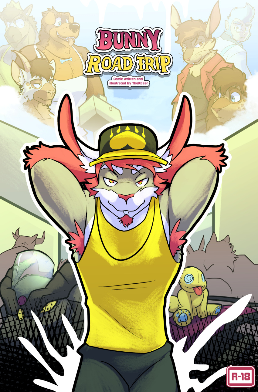 absurd_res anthro armpit_hair avalock_clops bax_(monkeydbax) body_hair bovid canid canine canis caprine clothed clothing comic cover_art dialogue domestic_dog dude_lyena eddy_hare equid equine facial_hair felid fully_clothed gabe_goat german_shepherd goat goatee greg_shepherd group hand_behind_head haplorhine hare hat headgear headwear herding_dog hi_res horse johnny_bunny lagomorph leporid lion looking_at_viewer male male_anthro mammal mastiff mixed_breed molosser monkey pantherine pastoral_dog plushie primate rabbit rottweiler shirt solo_focus tank_top thekinkybear tongue tongue_out topwear