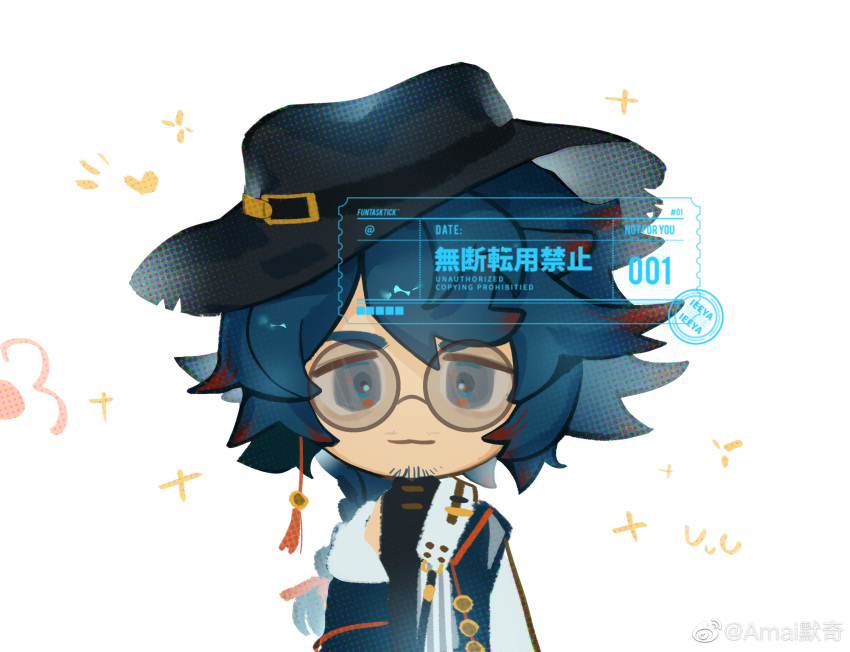 1boy absurdres amaimochi arknights black_headwear blue_hair braid chibi facial_hair glasses goatee highres long_hair looking_at_viewer male_focus mr._nothing_(arknights) off_shoulder simple_background solo sunglasses upper_body