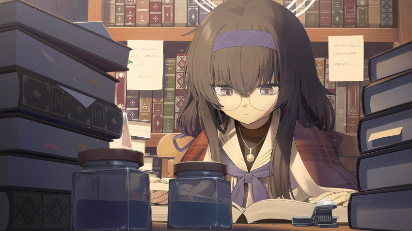 1girl bangs black_hair blanket blue_archive blue_hairband blue_neckerchief book book_stack bookshelf chair closed_mouth commentary desk glasses hairband halo highres ink_bottle jewelry long_hair neckerchief necklace open_book purple_eyes reading round_eyewear sailor_collar school_uniform serafuku sitting solo sticky_note ui_(blue_archive) upper_body wasabi60 white_sailor_collar