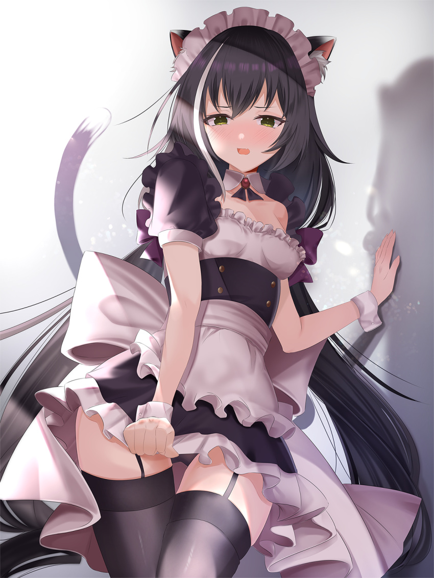 1girl alternate_costume animal_ears apron back_bow black_dress black_hair black_panties black_ribbon black_thighhighs blush bow breasts brooch cat_ears cat_girl cat_tail collar commentary conconcon1031 cowboy_shot detached_collar dress dress_tug enmaided frilled_dress frills garter_straps green_eyes half-closed_eyes highres jewelry karyl_(princess_connect!) large_bow long_hair looking_at_viewer maid maid_headdress medium_hair multicolored_hair neck_ribbon panties pantyshot princess_connect! puffy_short_sleeves puffy_sleeves ribbon short_sleeves small_breasts solo standing streaked_hair tail thighhighs underwear very_long_hair waist_apron white_apron white_bow white_collar white_hair wrist_cuffs