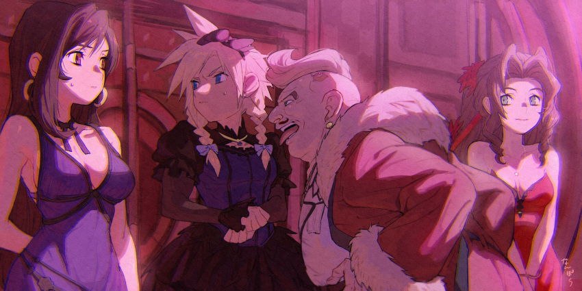 2boys 2girls aerith_gainsborough black_hair blonde_hair bow braid breasts brown_hair cleavage cloud_strife coat commentary_request crescent crescent_earrings crossdressing don_corneo dress earrings facial_hair fat fat_man final_fantasy final_fantasy_vii flower fur-trimmed_coat fur_trim green_eyes hair_bow hair_flower hair_ornament head_tattoo highres jewelry juliet_sleeves large_breasts long_hair long_sleeves looking_away medium_breasts medium_hair multiple_boys multiple_girls mustache nanpou_(nanpou0021) neck_ribbon necklace official_alternate_costume puffy_short_sleeves puffy_sleeves purple_dress red_coat red_eyes ribbon short_hair short_sleeves signature skirt spiked_hair sweatdrop tattoo tifa_lockhart tongue tongue_out twin_braids