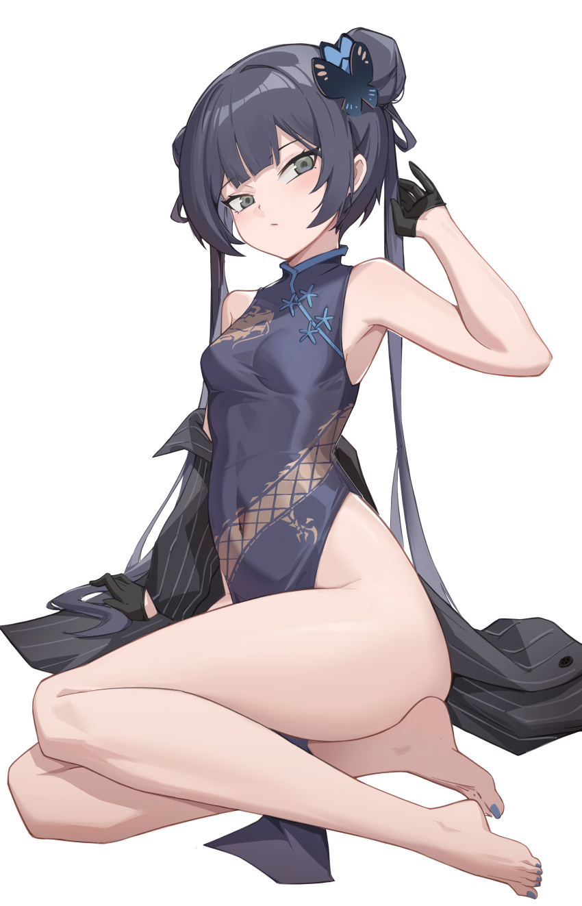1girl absurdres bangs bare_legs bare_shoulders barefoot black_coat black_dress black_hair blue_archive blue_nails blunt_bangs blush breasts butterfly_hair_ornament china_dress chinese_clothes closed_mouth coat covered_navel double_bun dress full_body grey_eyes hair_bun hair_ornament highres ke'ai_qu_qu kisaki_(blue_archive) long_hair long_sleeves looking_at_viewer nail_polish no_panties open_clothes open_coat simple_background sitting small_breasts toenail_polish toenails very_long_hair white_background