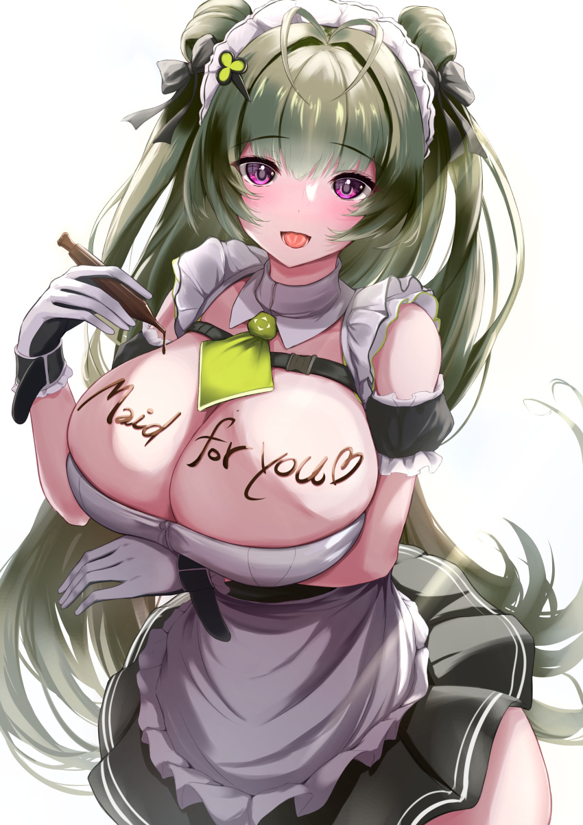 1girl absurdres antenna_hair apron arm_garter arm_under_breasts black_bow black_gloves black_skirt blush body_writing bow breast_hold breasts chest_strap chocolate chocolate_on_body chocolate_syrup cleavage commentary cowboy_shot detached_collar double_bun food_on_body gloves goddess_of_victory:_nikke green_hair green_necktie hair_bow hair_bun hair_intakes hair_ornament hairclip highres large_breasts long_hair looking_at_viewer maid maid_apron maid_headdress mole mole_on_breast necktie open_mouth pleated_skirt purple_eyes short_necktie simple_background skirt smile soda_(nikke) solo standing suzuran_(su-pai) tongue two-tone_gloves two_side_up white_apron white_background white_gloves