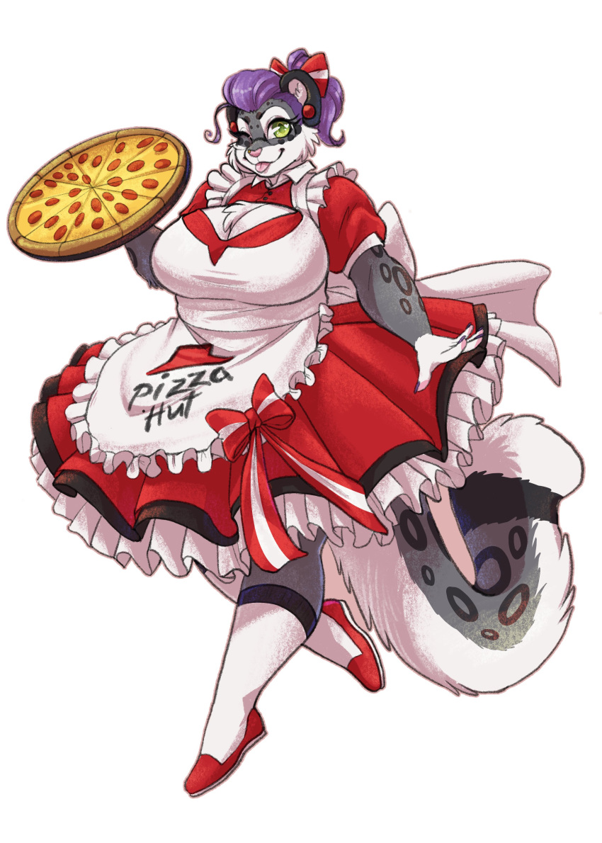 absurd_res accessory anthro apron big_breasts blep blizzie_(blizzieart) blizzie_(touchofsnow) blizzieart bow_(feature) bow_ribbon breasts cleavage cleavage_cutout clothed clothing digital_media_(artwork) felid feline food frilly green_eyes hair hair_accessory hair_bow hair_ribbon hi_res holding_tray knee_highs legwear looking_at_viewer maid_apron mammal one_eye_closed pantherine pizza pizza_hut ponytail purple_hair ribbons slippers snow_leopard solo thick_calves tongue tongue_out walking wink