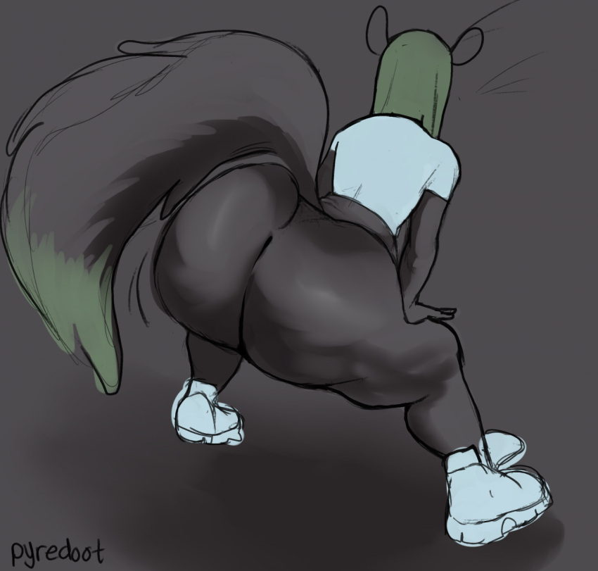 anthro big_butt big_tail biped bottomless butt cellulite clothed clothing colored_sketch crop_top digital_media_(artwork) dipstick_tail faceless_anthro faceless_character faceless_female female footwear green_hair hair hand_on_leg hand_on_own_leg hand_on_own_thigh hand_on_thigh hi_res hightop_shoes huge_butt leaning leaning_forward mammal markings motion_lines pyredaemos rear_view rodent sciurid shirt shoes sketch sneakers solo squigga tail tail_markings thick_thighs topwear tree_squirrel twerking