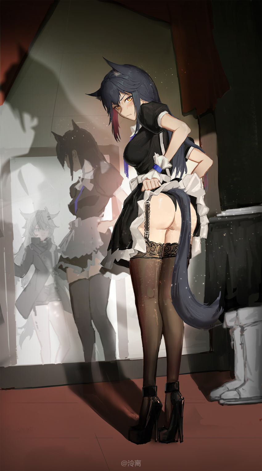 2girls absurdres alternate_costume animal_ear_fluff animal_ears arknights ass black_footwear black_hair black_panties blush boots boots_removed breasts brown_thighhighs clenched_teeth clothes_lift dress dress_lift enmaided female_pov from_behind grey_hair high_heels highres indoors knee_boots lappland_(arknights) large_breasts lifted_by_self lingear long_hair looking_at_viewer looking_back maid mirror multiple_girls orange_eyes panties parted_lips pov reflection short_sleeves tail teeth texas_(arknights) texas_the_omertosa_(arknights) thighhighs underwear wolf_ears wolf_girl wolf_tail wrist_cuffs