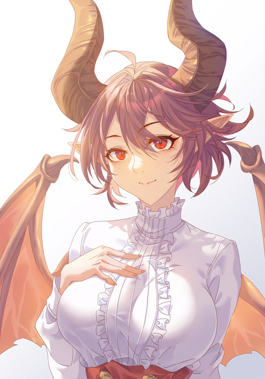 1girl absurdres ahoge breasts center_frills closed_mouth dragon_ball dragon_ball_super dragon_girl dragon_horns frilled_shirt frills grea_(shingeki_no_bahamut) hand_on_own_chest highres horns innoarukugyou large_breasts long_sleeves orange_wings pointy_ears purple_hair red_eyes shingeki_no_bahamut shirt short_hair simple_background smile solo upper_body white_background white_shirt