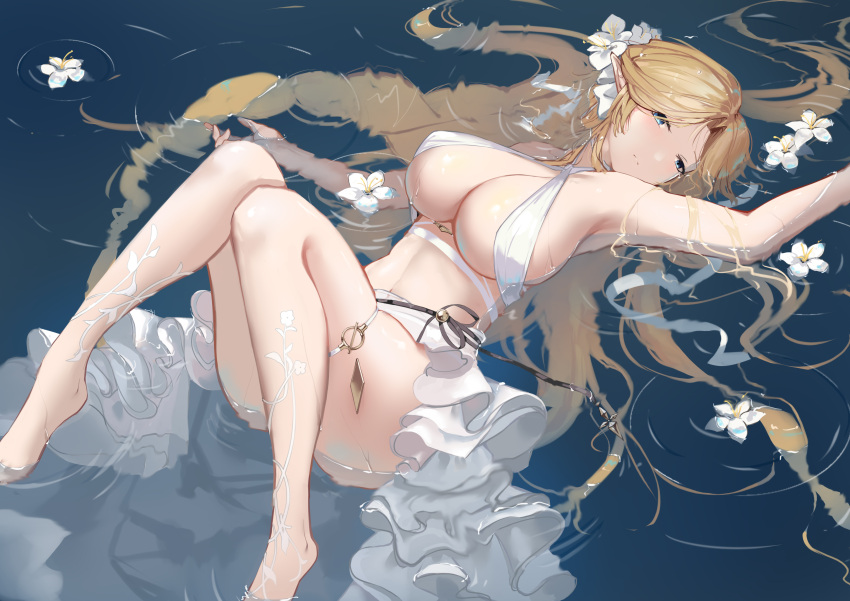 1girl absurdres afloat ass azur_lane blonde_hair blue_eyes breasts brest_(azur_lane) cleavage feet floating floating_hair flower frills hair_flower hair_ornament highres huijin_zhi_ling large_breasts long_hair looking_at_viewer lying on_back outstretched_arms pointy_ears solo swimsuit thighs water