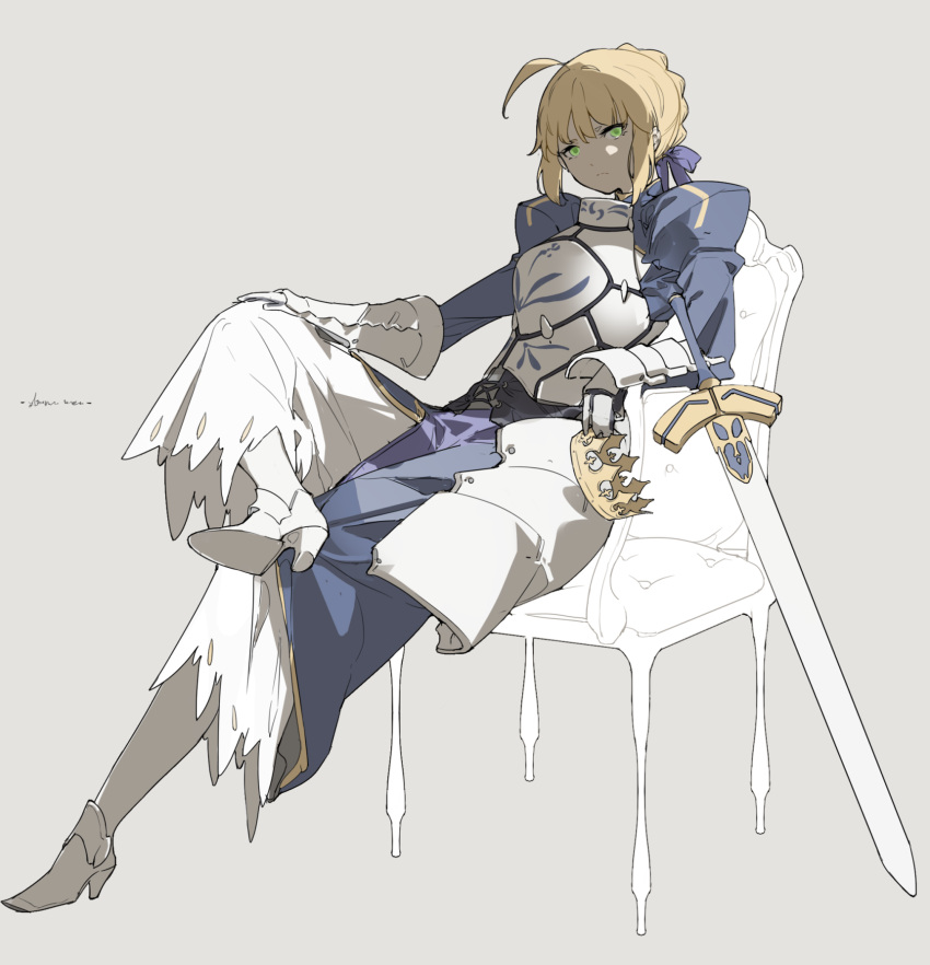 1girl ahoge armor armored_boots armored_dress artoria_pendragon_(fate) bangs blonde_hair blue_bow blue_dress boots bow braid breastplate closed_mouth crown crown_removed dress excalibur_(fate/stay_night) fate/stay_night fate_(series) full_body gauntlets green_eyes grey_background hair_between_eyes hair_bow high_heel_boots high_heels highres holding holding_crown juliet_sleeves long_sleeves on_chair puffy_sleeves saber shinnasuka025 sidelocks signature simple_background solo sword weapon